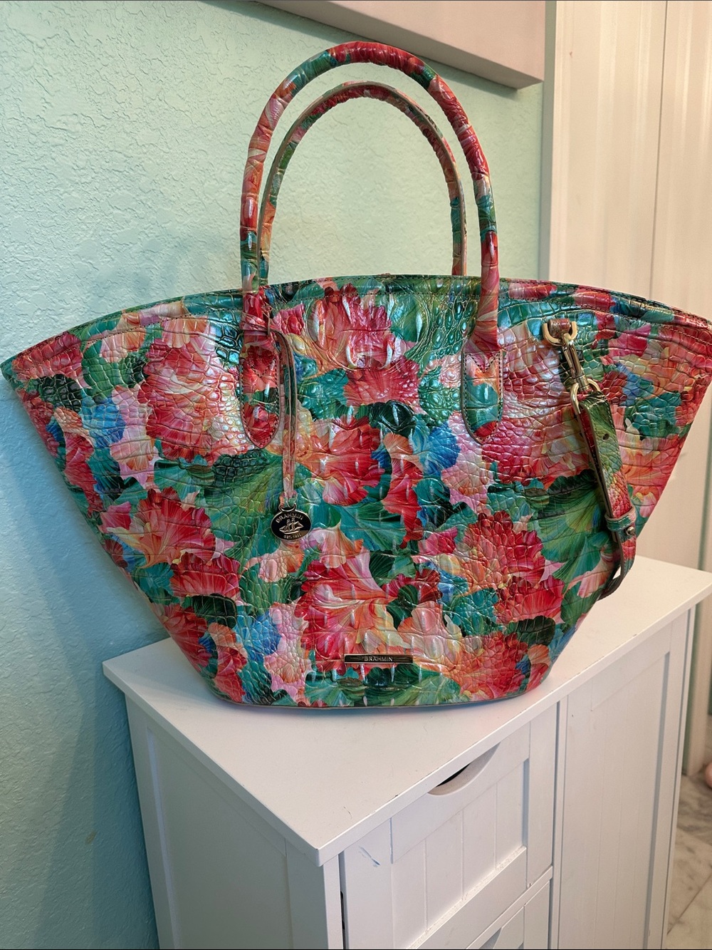 Brahmin  Taffy Melbourne  Floral Embossed Tote in Pink, Green & Coral